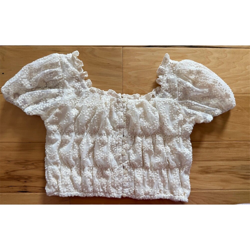 Zara Blouse Girls Size 13/14 White Floral Lace Smocked Cropped Off Shoulder
